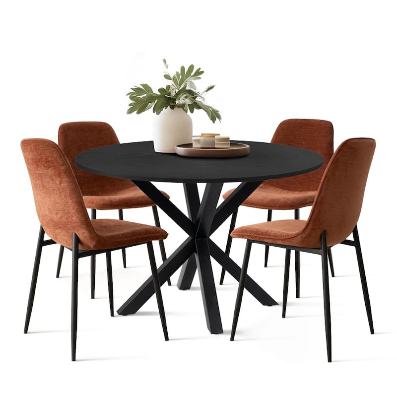 Round Dining Table Set for 4 with Upholstered Chairs and Pedestal Base - Orange