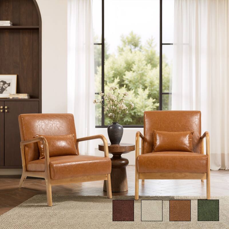 2 Set Mid-Century Modern Faux Leather Accent Chairs with Cushion