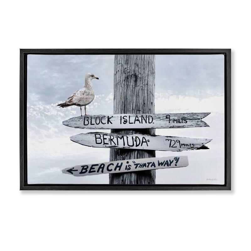 Stupell Vacation Beach Signs with Seagull Framed Floater Canvas Wall Art Design By Robin-Lee Viera - 31 x 21 - Black