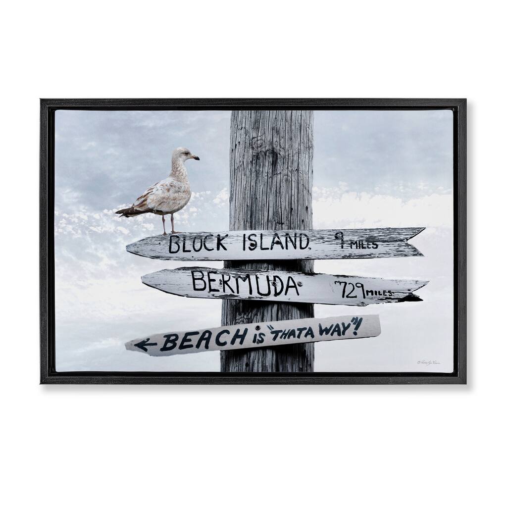 Stupell Vacation Beach Signs with Seagull Framed Floater Canvas Wall Art Design By Robin-Lee Viera