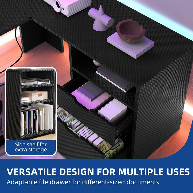 Moasis Farmhouse U-Shaped Desk with LED Lights & Power Outlet