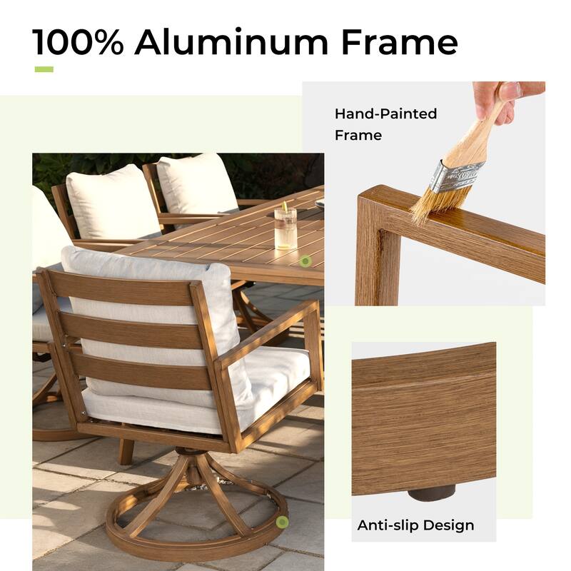 Riviera 9-Piece Brown Aluminum Patio Dining Set with Rectangular Table, 2 Swivel Dining Chairs and Light Gray Cushions