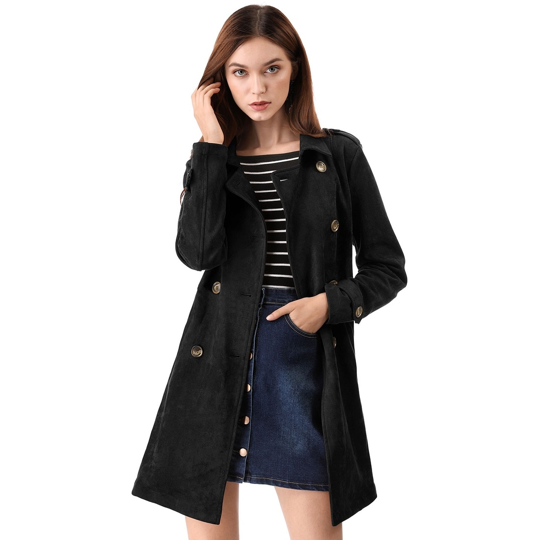 Shop Women S Notched Lapel Double Breasted Faux Suede Trench Coat