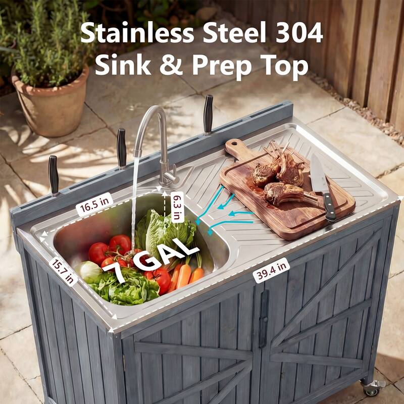 Outdoor Kitchen Island Series, 2 Piece Modular Solid Wood Set, 304 Sink Station, Drawer, 2 Door Shelves, Outdoor Storage Cabinet