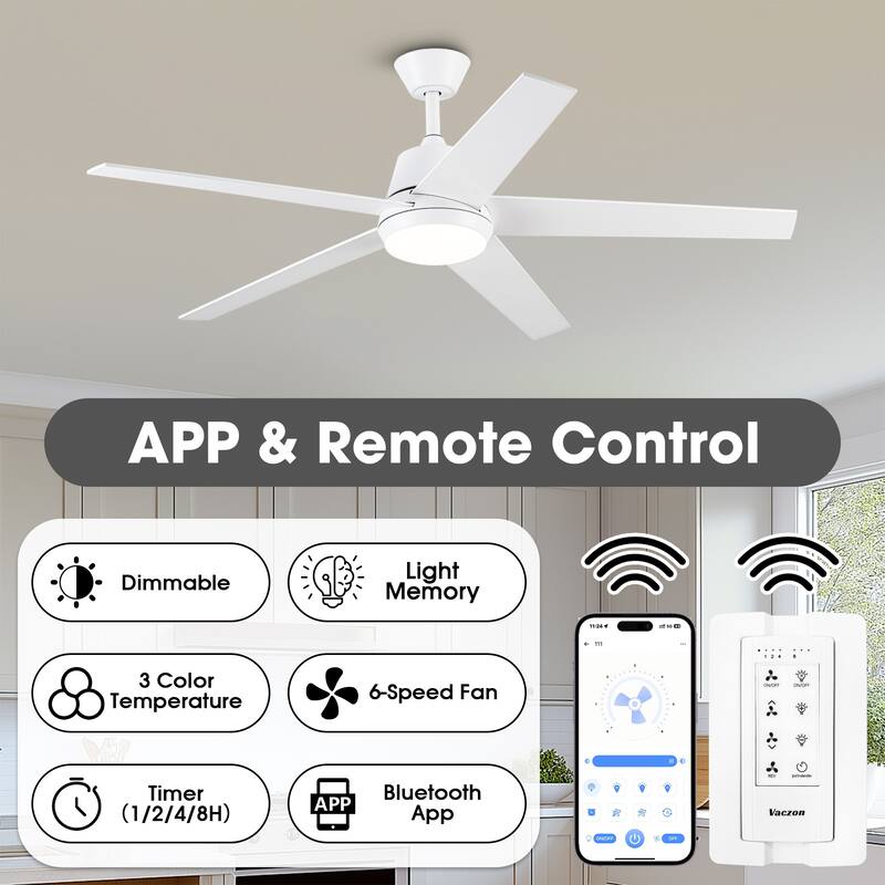 Vaczon 52-inch Modern Plywood 5-blade White Smart Ceiling Fan with Light and APP