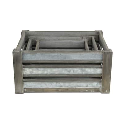 Set of 3 Gray and Silver Galvanized Handcrafted Crates 18"