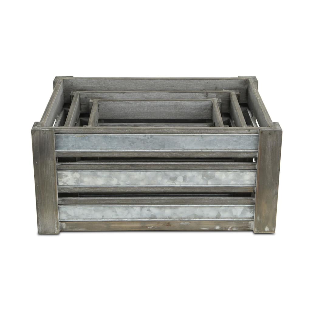 Set of 3 Gray and Silver Galvanized Handcrafted Crates 18"