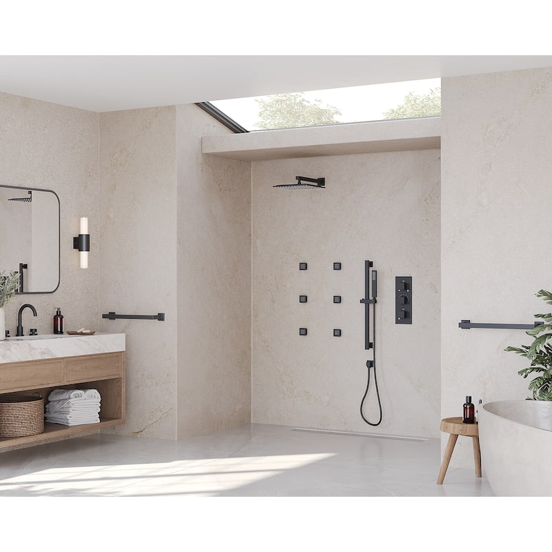GRANDJOY Thermostatic Shower Faucet Set 12" Wall Mount Rainfall Shower Head Handheld Spray with Slide Bar Body Jets