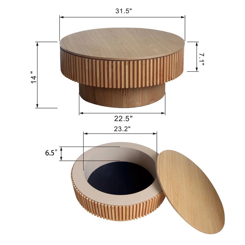 Modern 31.5" Round Coffee Table with Storage Solid Wood Veneer for Living Room and Bedroom Use