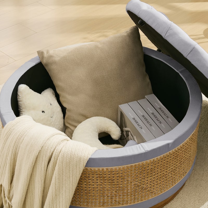 Linen & Rattan Round Storage Ottoman, Button-tufted Upholstery
