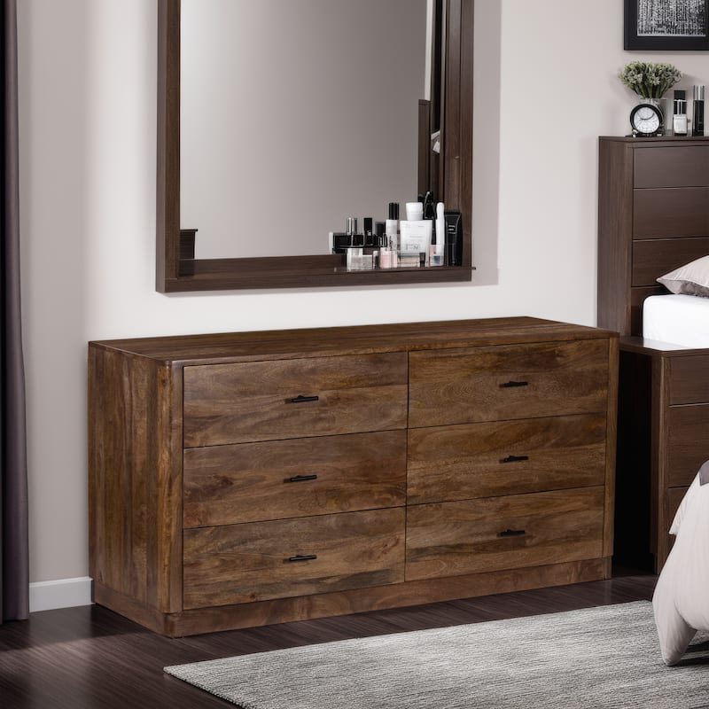 Tao 6 Drawers Dresser, Mango Wood, Walnut Finish, 60"