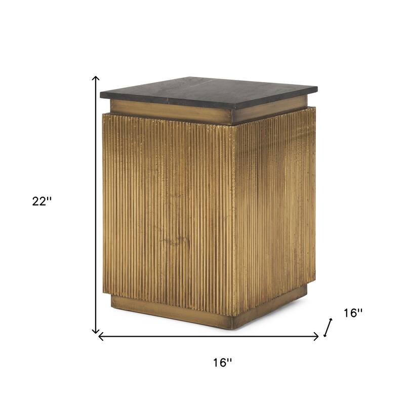 HomeRoots 22" Black and Gold Stone and Brass Square Block End Table - 16.00 in. x 22.00 in. x 16.00 in.