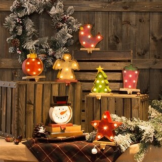 Glitzhome Christmas Marquee LED Cartoon Stocking Holders Rustic Mantel Ornament Childlike Style