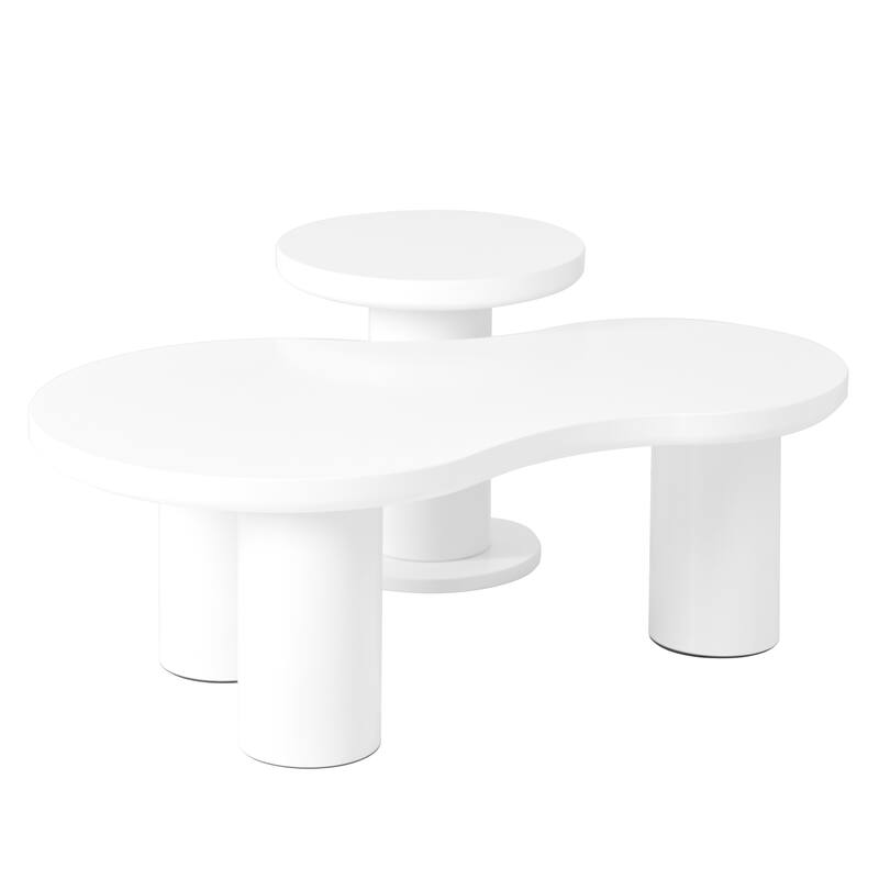 Roomfitters Modern Cloud Nesting Coffee Table Set, Irregular Center Table with Thick Legs and Round Accent Side Table, White
