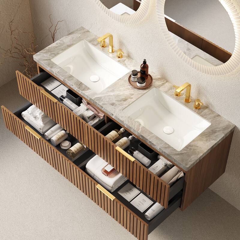 GDFStudio - Elio Modern 60" Floating Bathroom Vanity with Double Ceramic Basins & Sintered Stone Countertop, WITHOUT Faucets