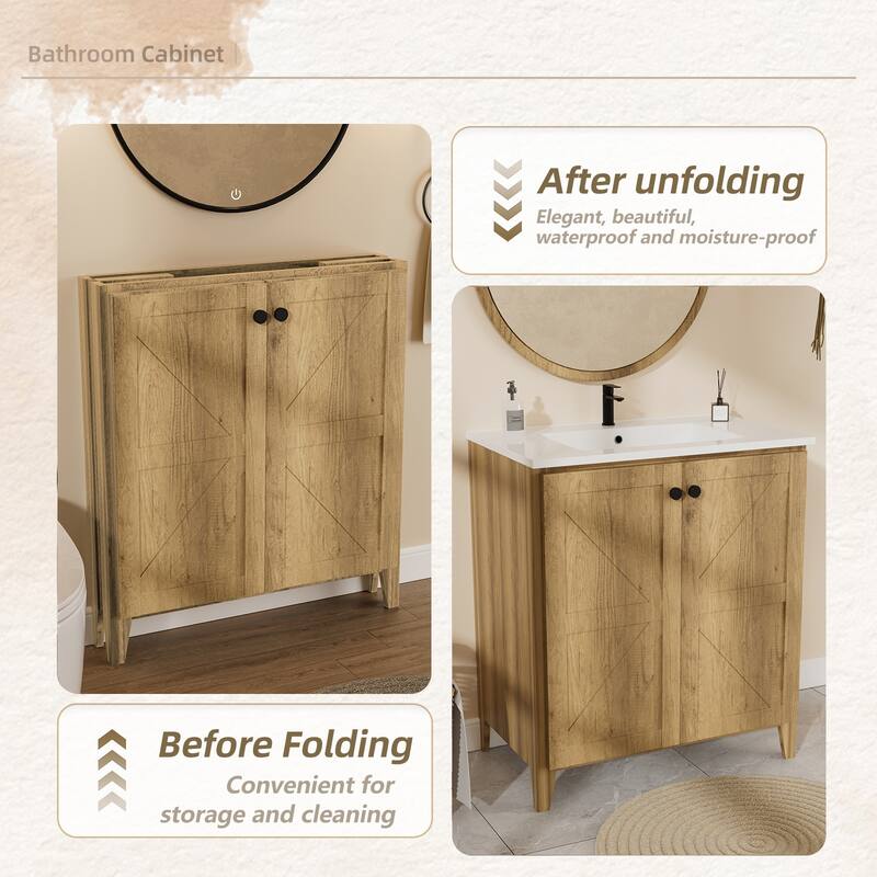 30" Folding Floor Cabinet with Ceramic Sink - Patented 1-Min Install, Space-Saving, American Style