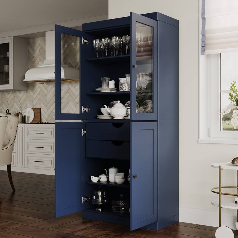 Palace Imports 100% Solid Wood 32" Pantry Cabinet with Clear Glass, Shaker Doors, 2-Drawers and Adjustable Shelves - Navy