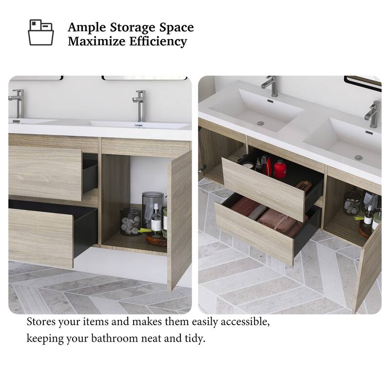 Modern Wall-Mounted Bathroom Vanity with White Solid Surface Top