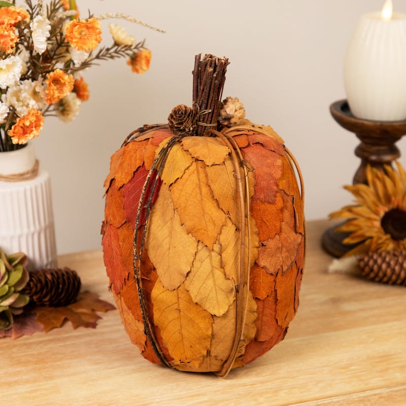 Layered Leaves Fall Harvest Pumpkin with Pinecones Decoration - 9.75"