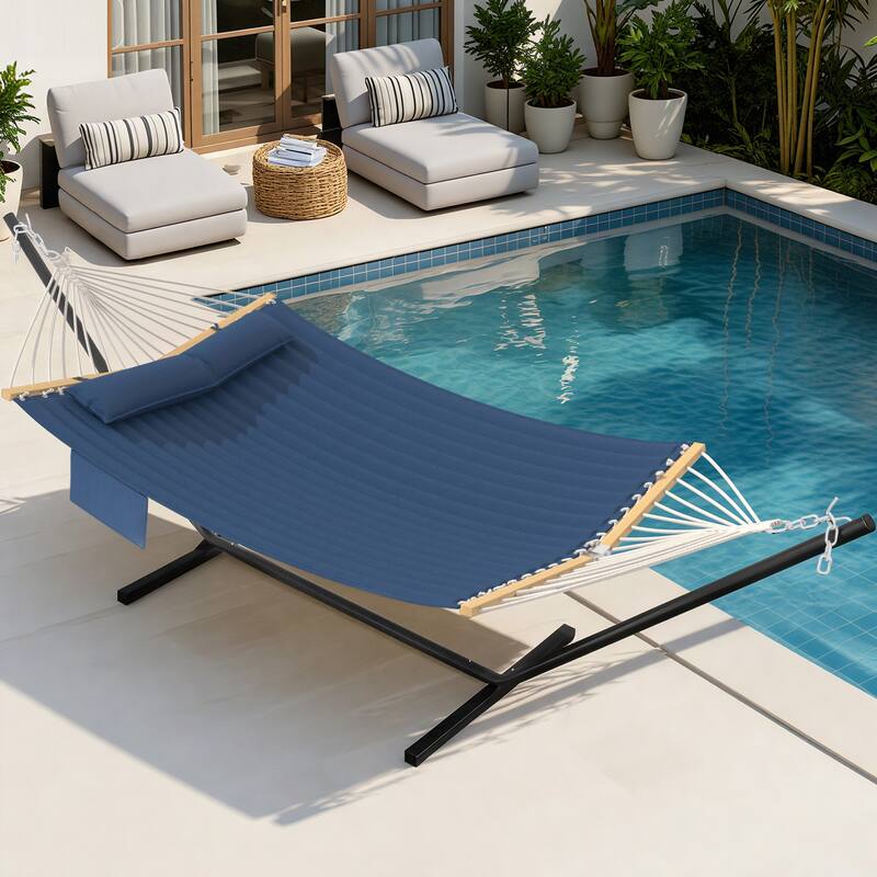 EROMMY Modern Portable Hammock, Hand-Woven Ropes, Anti-Tipping Design for Backyards, Beaches & Campsites - With Stand - Navy Blue