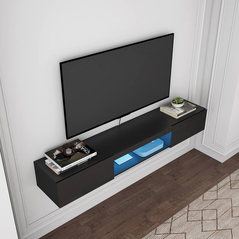 Floating TV Stand Wall Mounted with 16 Color LEDs, 63" Modern TV Stand, Entertainment Center with Open Storage Compartment