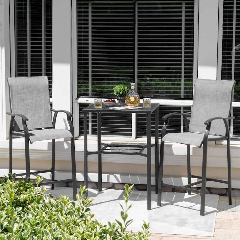 Outdoor 3-Piece Textilene Bar Set, Height Back Bar Stools and Umbrella Hole