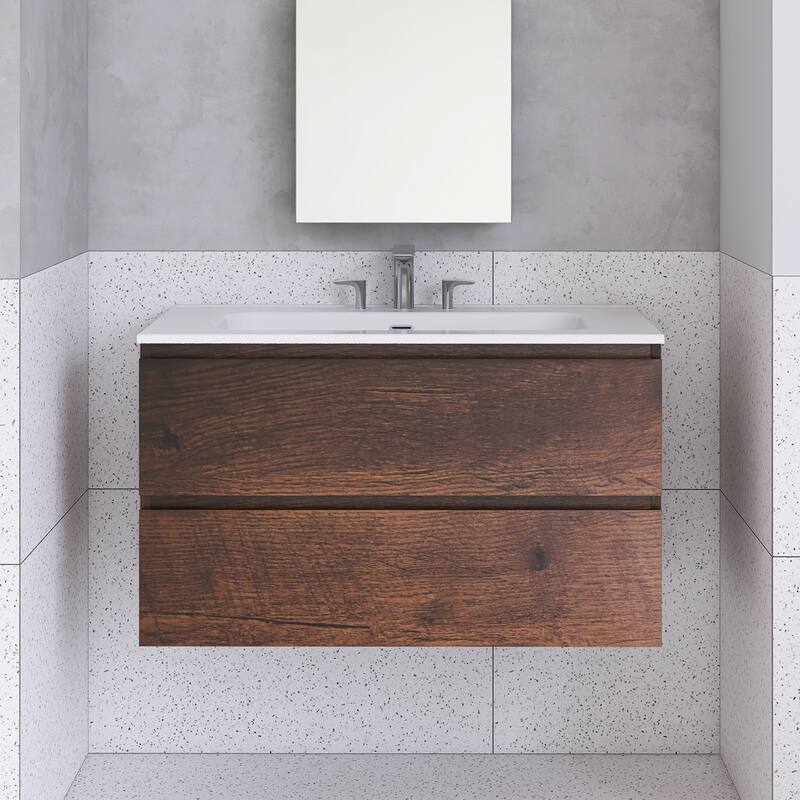 Floating Integrated Bathroom Vanity with Ceramic Sink, Three Faucet Holes - 35.82'' x 18.3'' x 21.1'' - Walnut