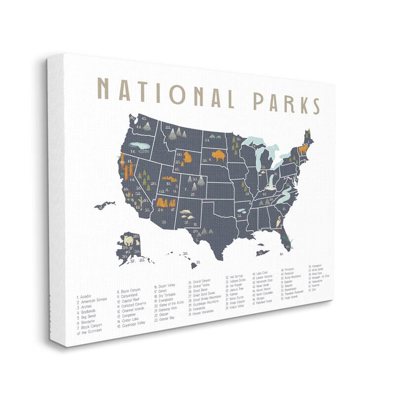 Stupell National Parks United States Adventure Map Blue White Canvas Wall Art