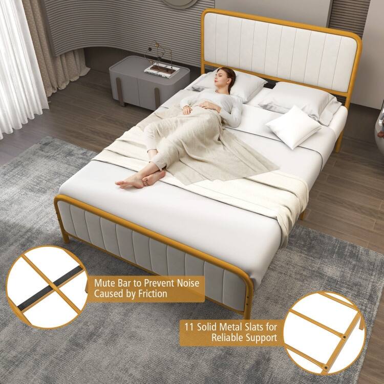 Upholstered Gold Platform Bed Frame with Velvet Headboard