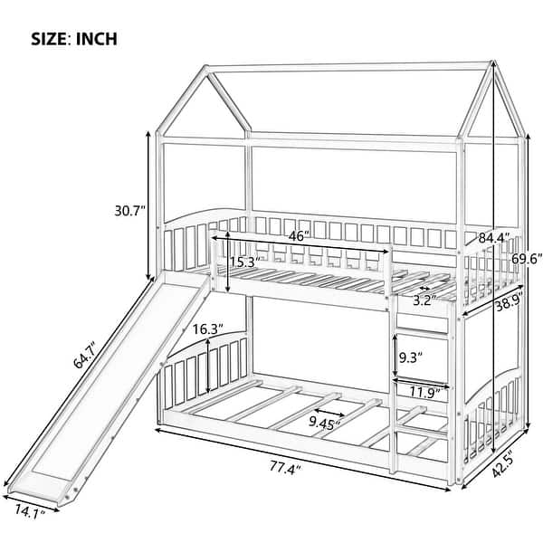 Modern Roof Design Twin over Twin Solid Pine Wood Bunk Bed with Full Length Guardrail, Side Ladder and Slide