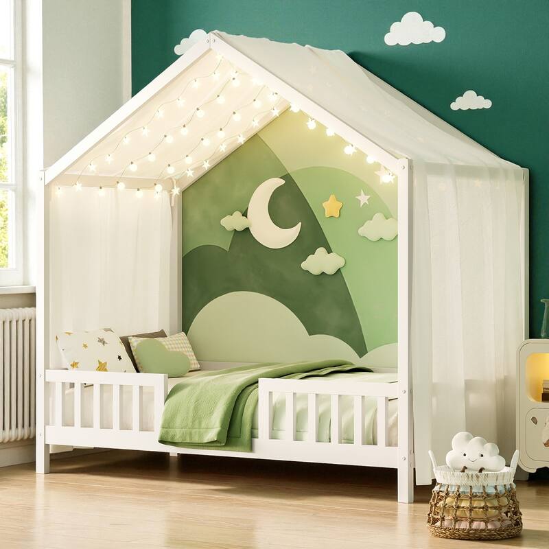 Montessori House Bed with Canopy, Twin/Full Kids Floor Bed Frame with High Railings, Wooden Roof Bed for Toddlers and Children