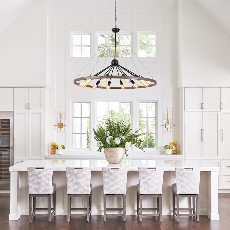 12-Light W43.3" x H90.55" Wagon Wheel Chandelier for Study Bedroom