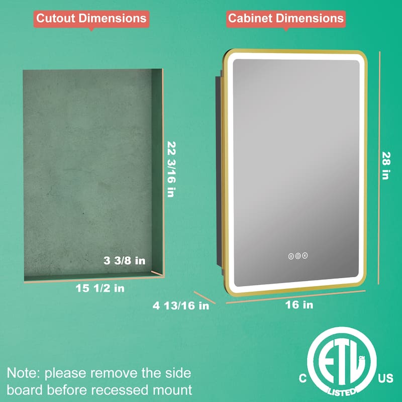 Milo LED Iron Medicine Cabinet with Mirror, Dimmable, Anti-fog, Adjustable Glass Shelves, Recessed or Surface Mount