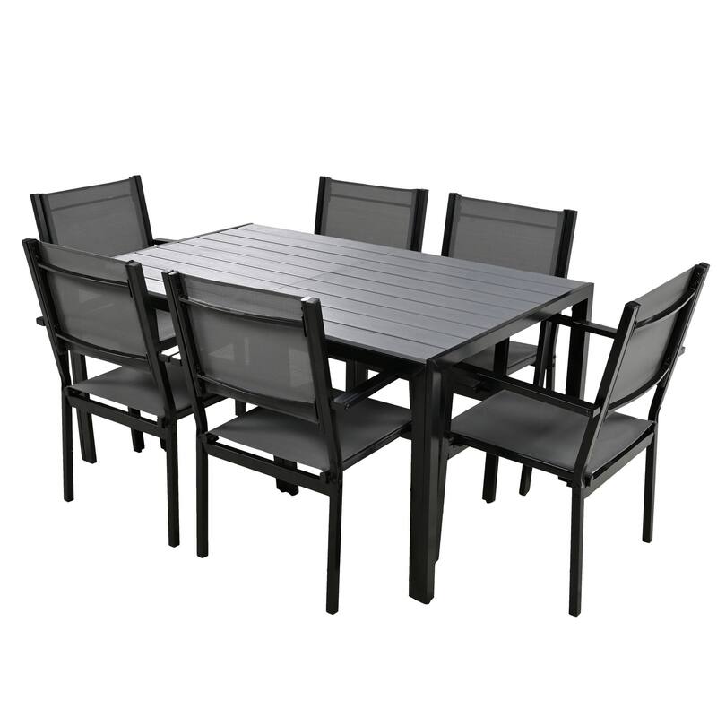 7 Pcs Outdoor Steel Dining Table and Chair Set, All Weather Patio Furniture Set with Rectangular Table and 6 Dining Chair