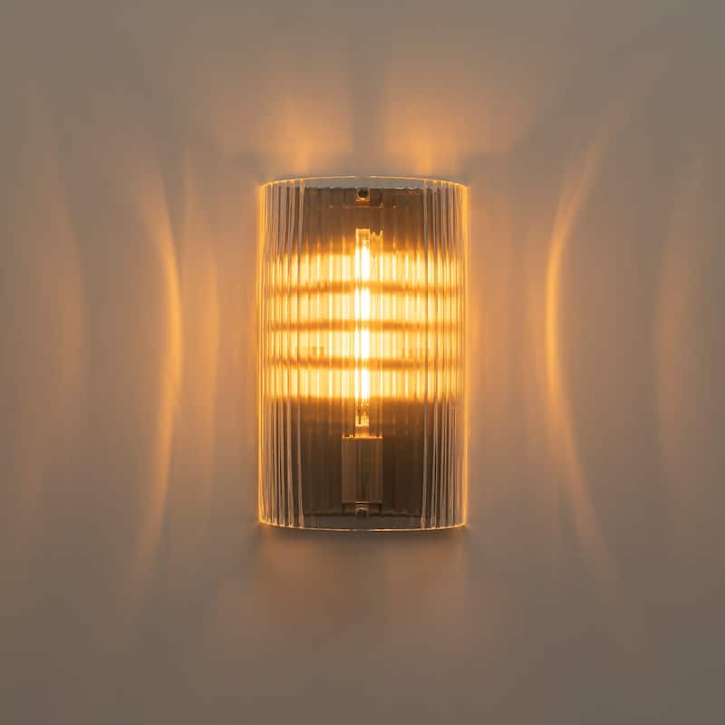 Brushed Nickel Wall Sconce Half-Cylinder Fluted Clear Glass Shade