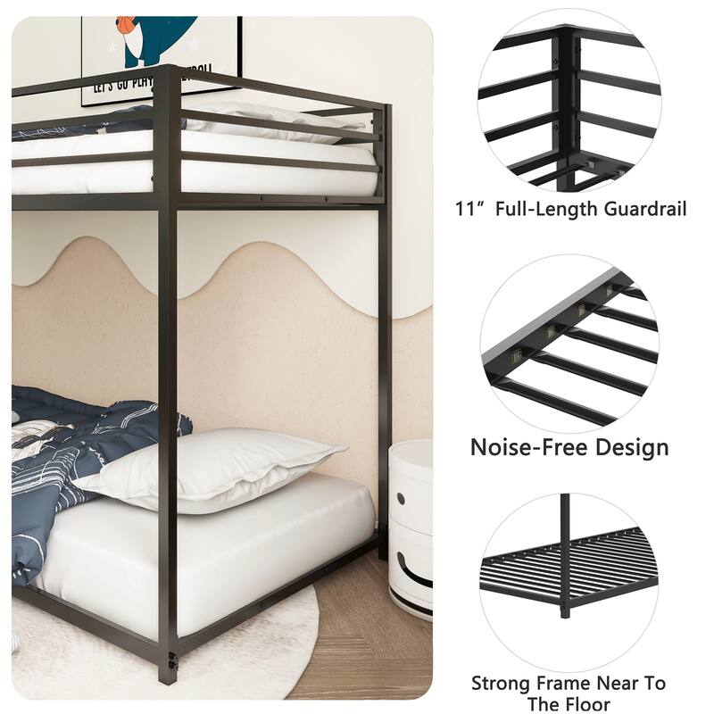 Durable Twin Over Twin Bunk Bed, Low Profile Metal Frame with Ladder & Guardrails for Bedroom, Kids & Adults