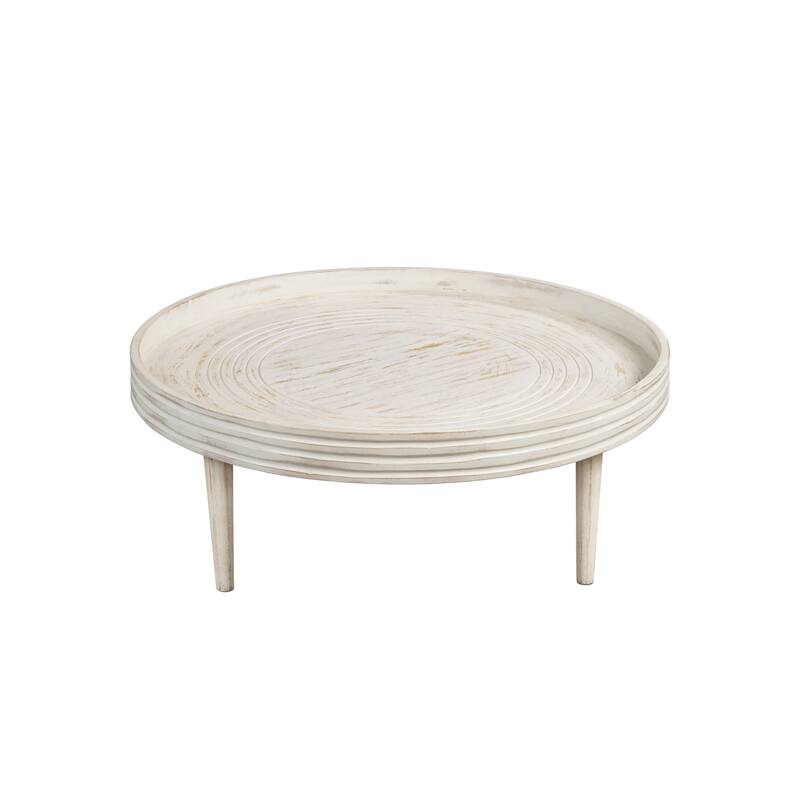 33 Inch Coffee Table, Solid Mango Wood, Handcrafted Round Grooved Raised Edge Distressed White