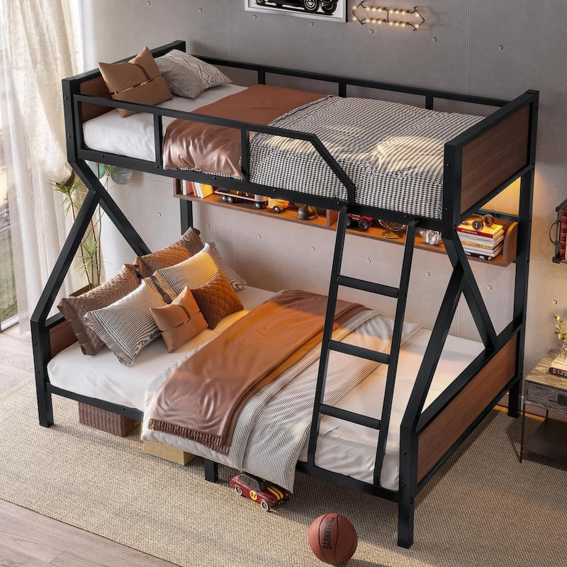 Metal Bunk Bed with Storage Shelves and Lights - Space-Saving & Noise-Free Design - Black - Twin over Full
