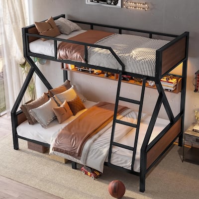 Metal Bunk Bed with Storage Shelves and Lights - Space-Saving & Noise-Free Design