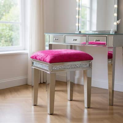 HomeRoots 18" Pink And Silver Velvet Mirrored Glass And Faux Crystal Vanity Chair - 18.11 in. x 19.70 in. x 14.17 in.