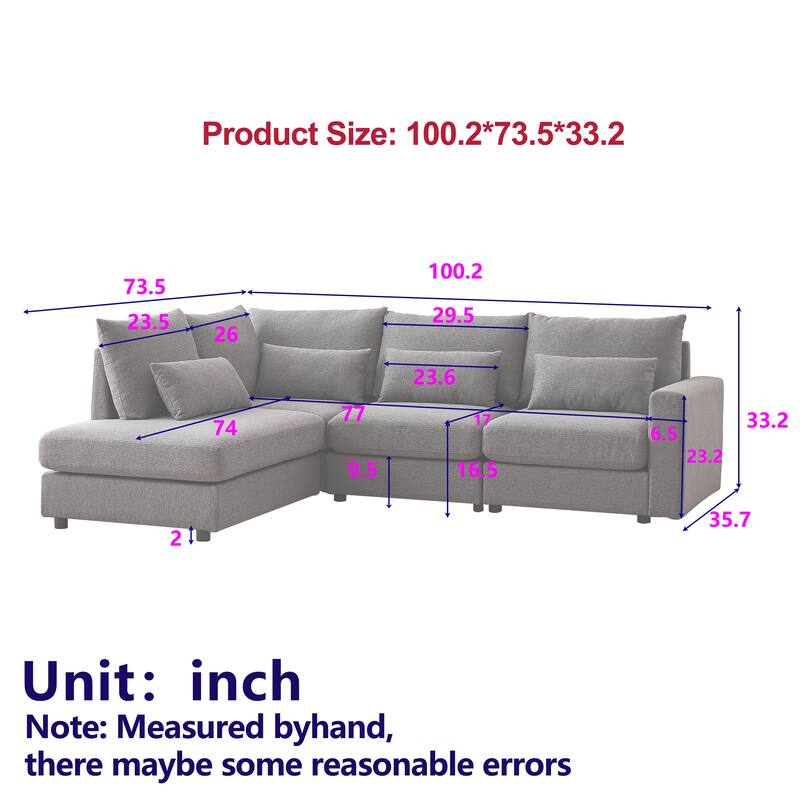 100.2" Linen L-Shaped Sectional Sofa with Ottoman & Lumbar Pillows