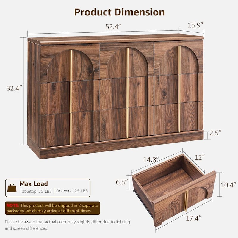 Modern Arched 9 Drawers Dresser, Wood Chest of Drawers for Living Room