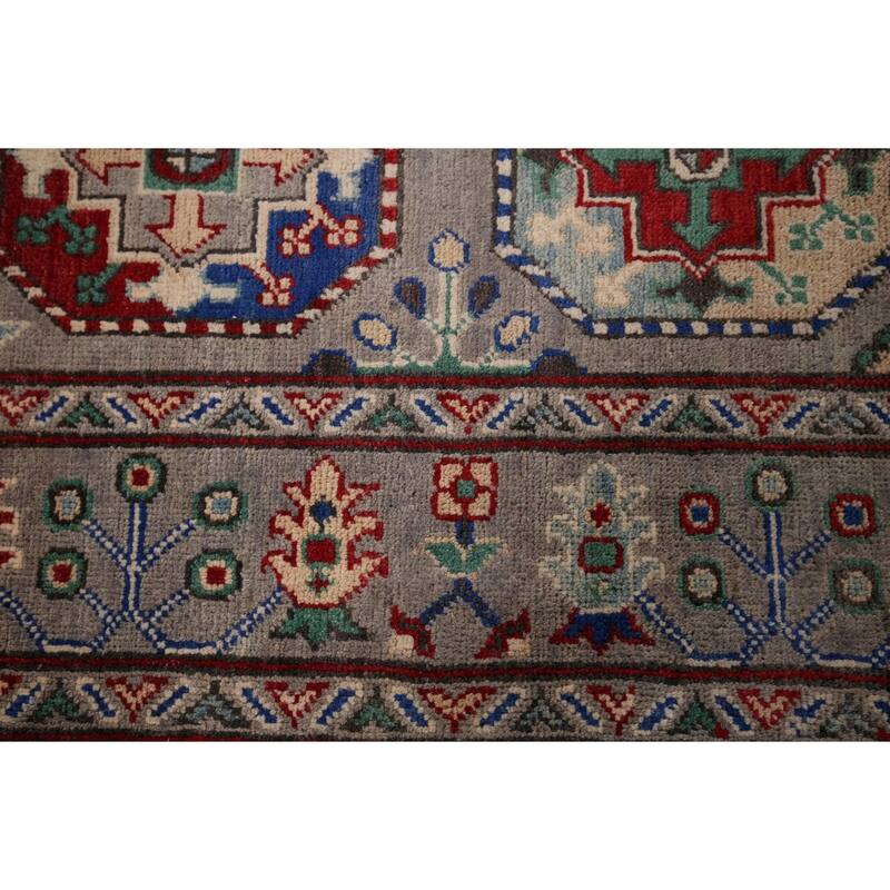Geometric Kazak Runner Rug Handmade Hallway Wool Carpet - 2'7" x 12'10"