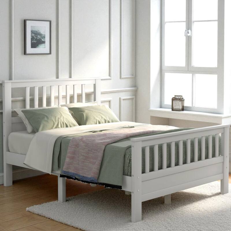 Twin/Full Size Wood Platform Bed with Headboard, Footboard, Solid Slat Support and Pine Frame - White - Full
