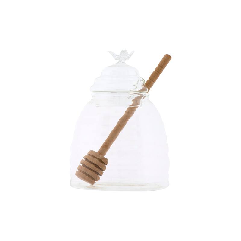 Clear Honey Pot with Lid & Bamboo Dipper (Set of 2 Pieces)