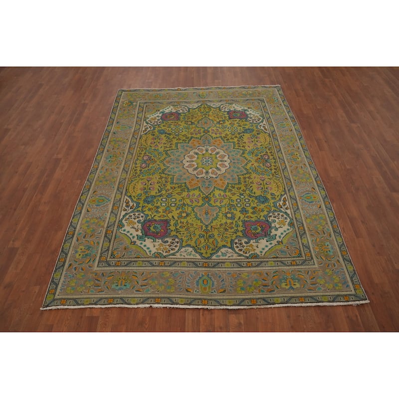 Hand Knotted Oriental 100% Wool Carpet Traditional Floral Green Tabriz Area Rug - 8' 11'' X 6' 4''