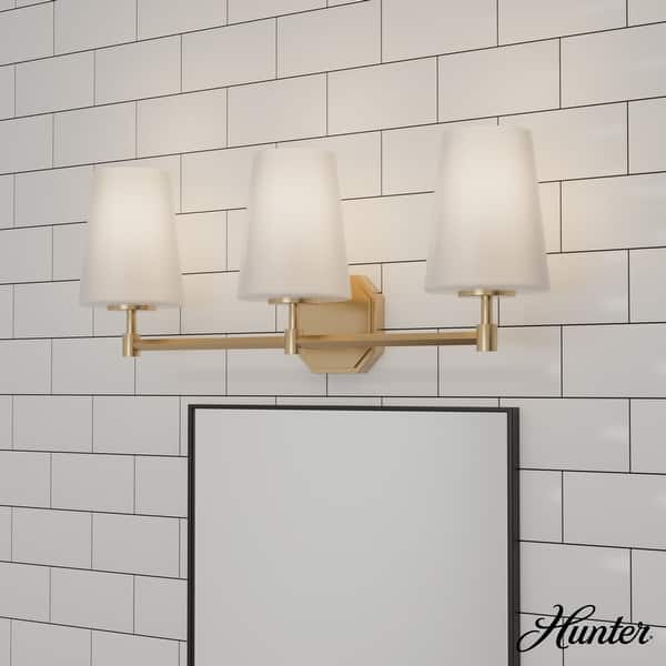 slide 2 of 10, Hunter Nolita Vanity Wall Light - Bathroom - Contemporary, Transitional - White Glass Shades - Damp Rated! 24" - 3 Light - Alturas Gold