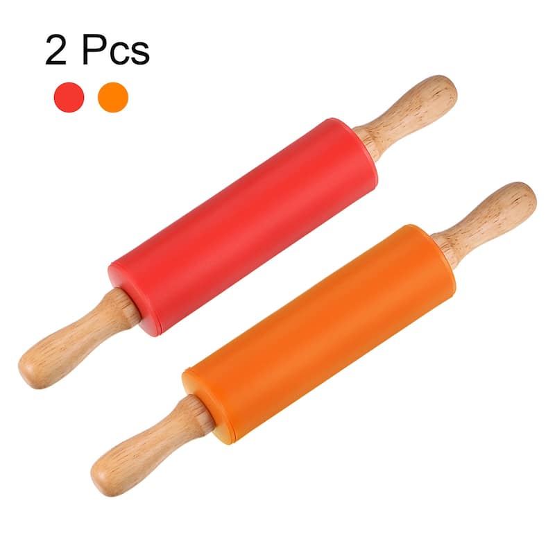 Silicone Rolling Pins for Baking Wood Handle 31cm x 4.2cm Red & Orange - Red & Orange