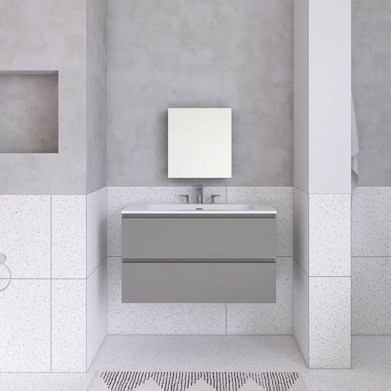 Floating Integrated Bathroom Vanity with Ceramic Sink, Three Faucet Holes