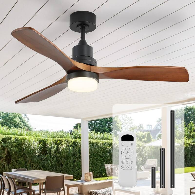 52" Wood Noiseless 3-Blade Ceiling Fans with Dimmable LED Light Optional and Remote, 6-Speed Reversible DC Motor - Black and walnut/With Lights